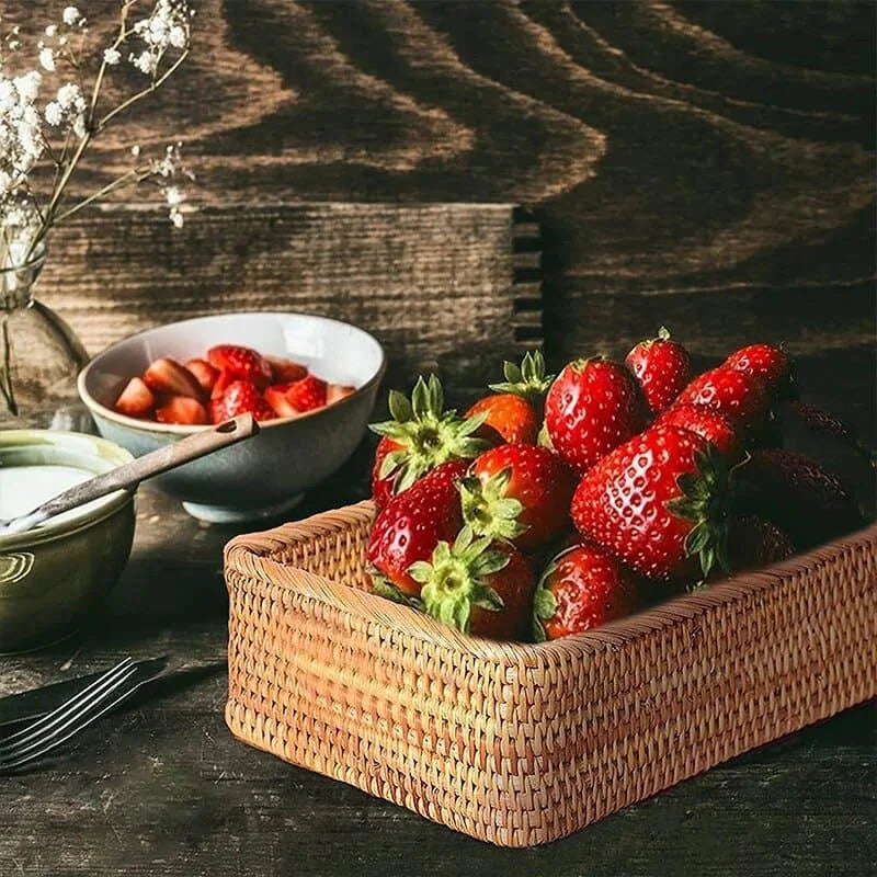Cesto Organizador de Palha Rattan Feito à Mão para Decoração Natural