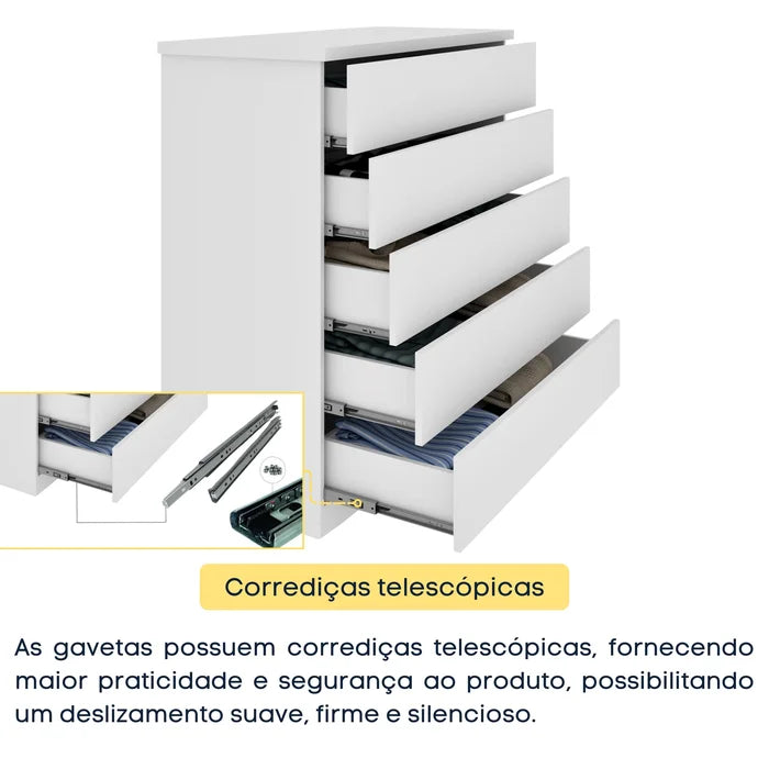 Cômoda 5 Gavetas 86cm Premium Branco/Neve | Frete Grátis