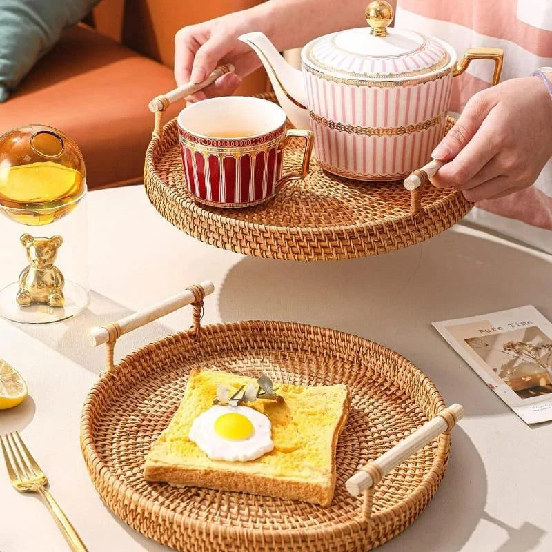 Bandeja Redonda de Vime em Rattan Feita à Mão para Mesa e Decoração Cozinha