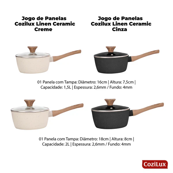 Jogo de Panelas Linen Ceramic - Revestimento Cerâmico Antiaderente 8 Peças