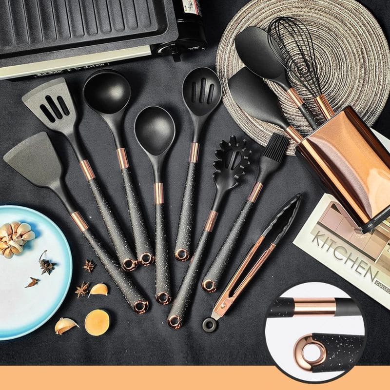 Kit Utensílios de Cozinha Silicone 10 Peças Com Organizador Rosé Elegance Home