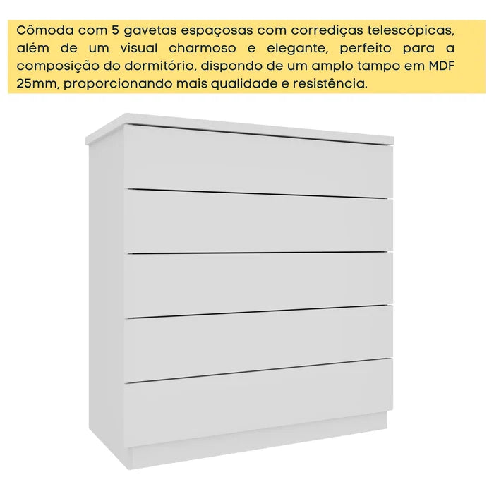 Cômoda 5 Gavetas 86cm Premium Branco/Neve | Frete Grátis