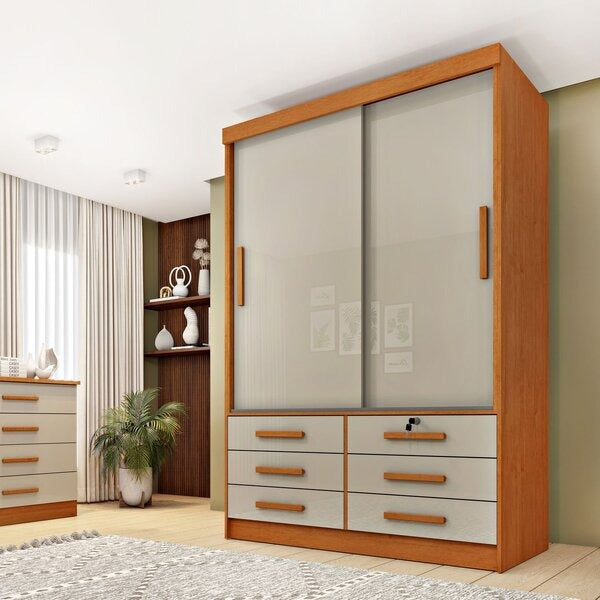 Guarda-Roupa Solteiro 2 Portas de Correr 6 Gavetas MDP Cinamomo Off White Chicago