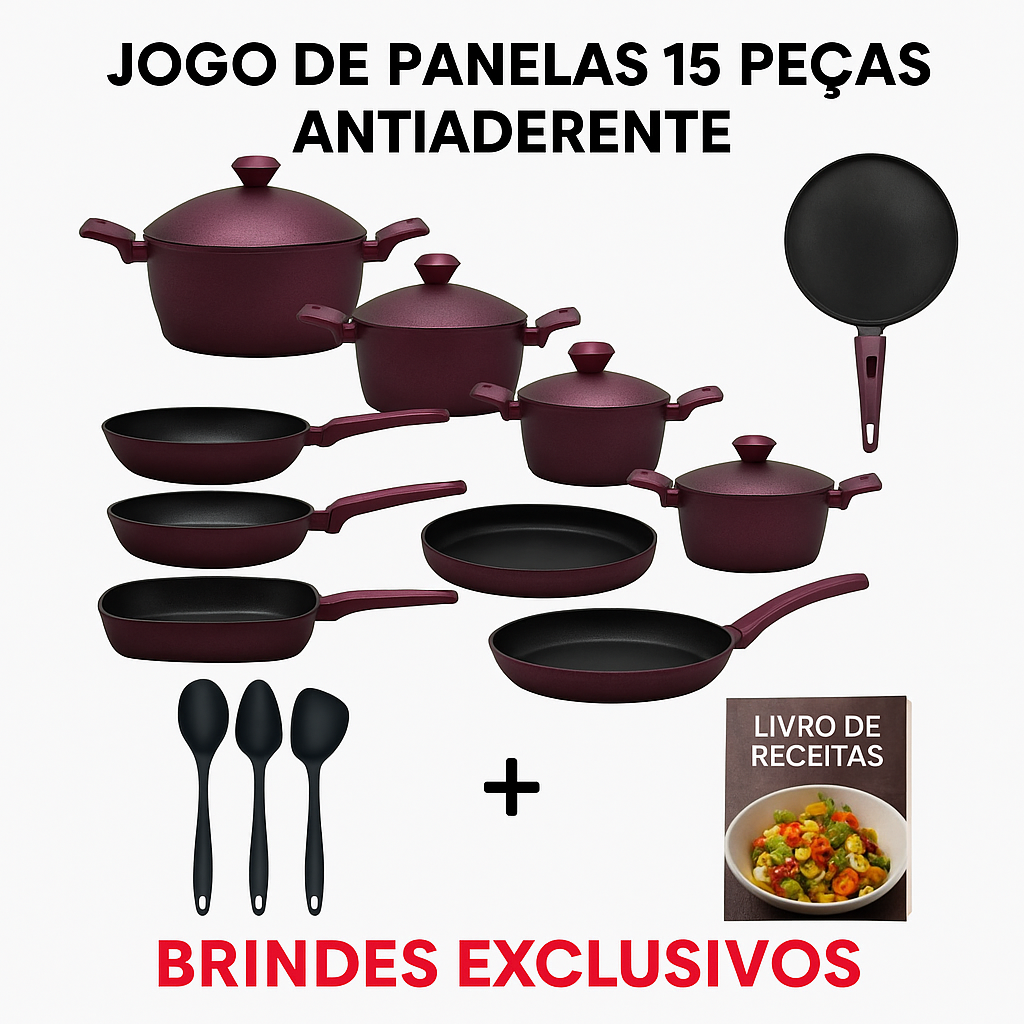 Jogo de Panelas 15 Peças Antiaderente + Brindes Exclusivos
