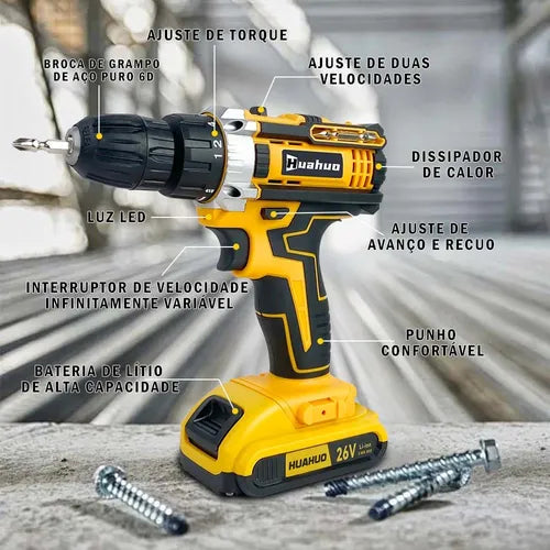 Parafusadeira e Furadeira Huahuo 26V - Bateria de Brinde
