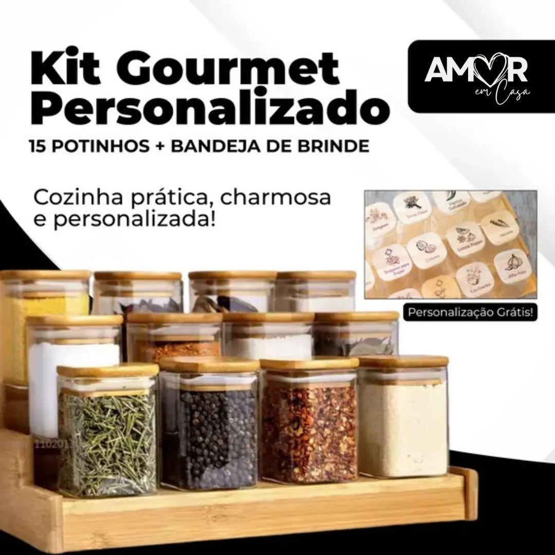 Kit 15 Potes Organiza Gourmet™ + Gravação a Laser (PERSONALIZADA) + Bandeja | Só até 23:59!