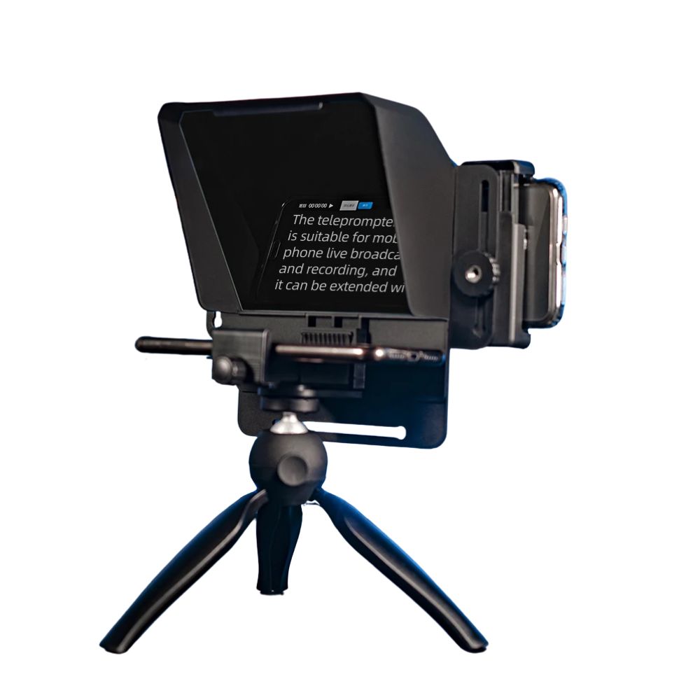 ProPrompt Mini - Teleprompter portátil para smartphones e DSLRs, inclui controle remoto Bluetooth e acessórios completos para uma gravação de vídeo profissional. Disponível na Gangahub.