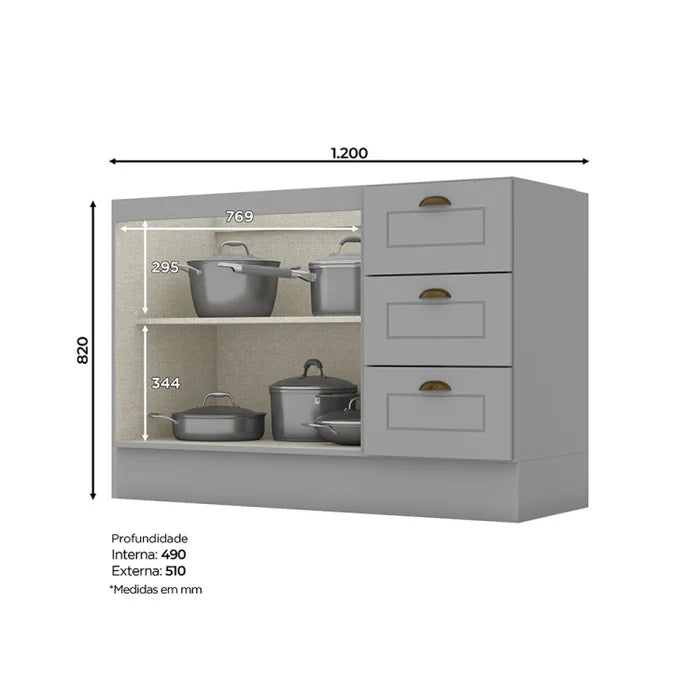 Balcão 2 Portas 3 Gavetas 120cm Branco