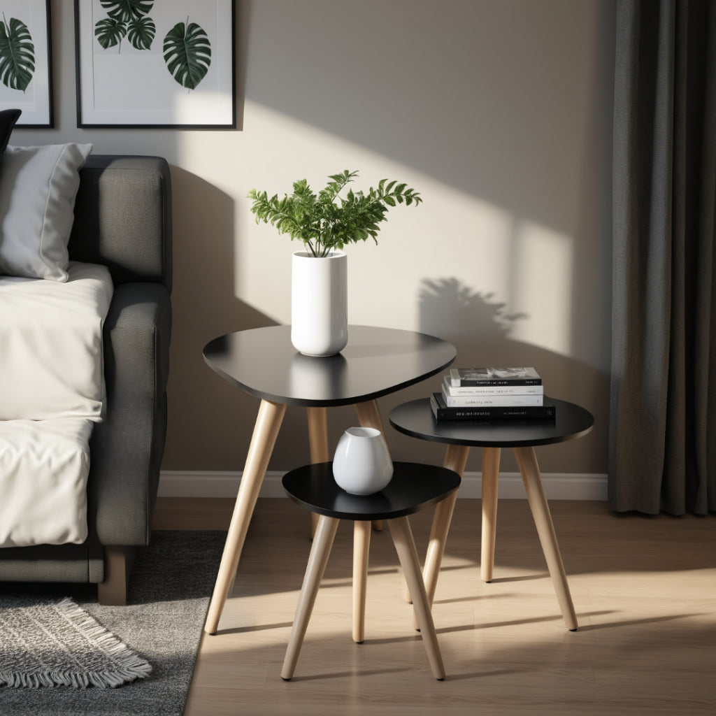 Kit Trio Jogo de Mesinhas Lateral Sala Pé Palito Retro Tampo Orgânico