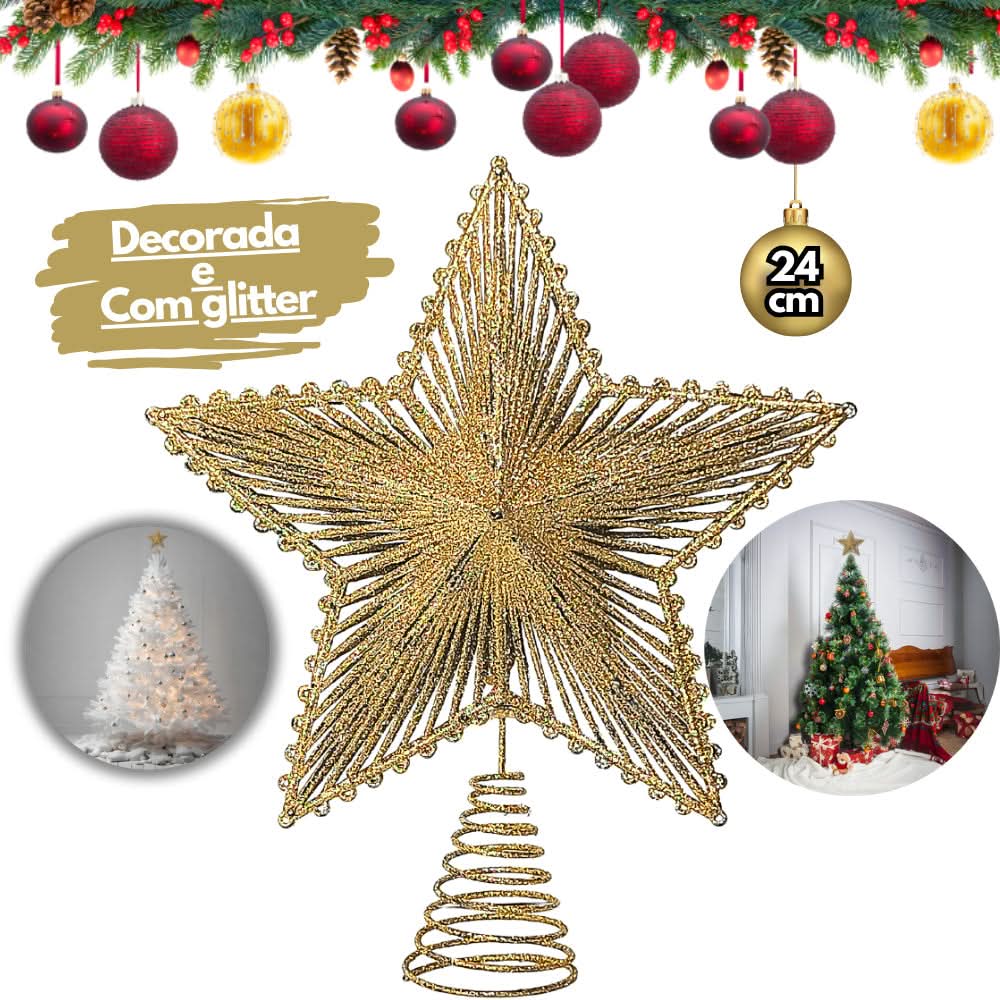 Estrela 24cm Brilhante Aramada Com Glitter Para Árvore De Natal Metalizado
