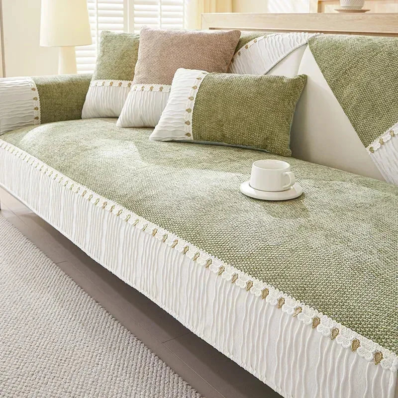 Capa para Sofá Chenille Antiderrapante com Bordado Floral Verde