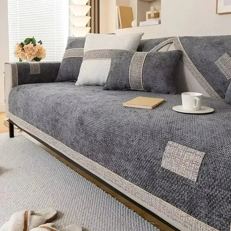 Capa para Sofá Protetora Moderna em Chenille Antiderrapante Azul