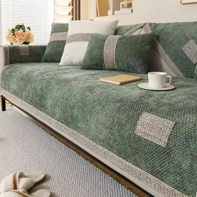 Capa para Sofá Protetora Moderna em Chenille Antiderrapante Verde