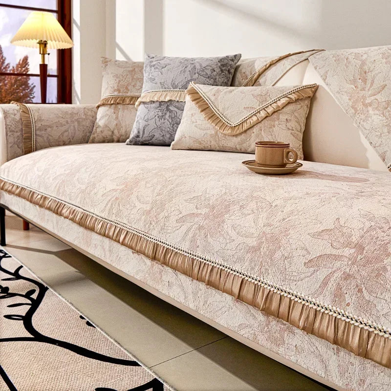 Capa para Sofá Estilo Nórdico em Chenille Antiderrapante Bege