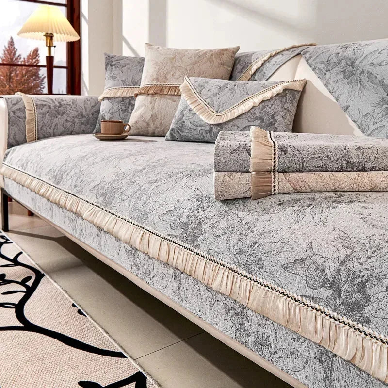 Capa para Sofá Estilo Nórdico em Chenille Antiderrapante Cinza