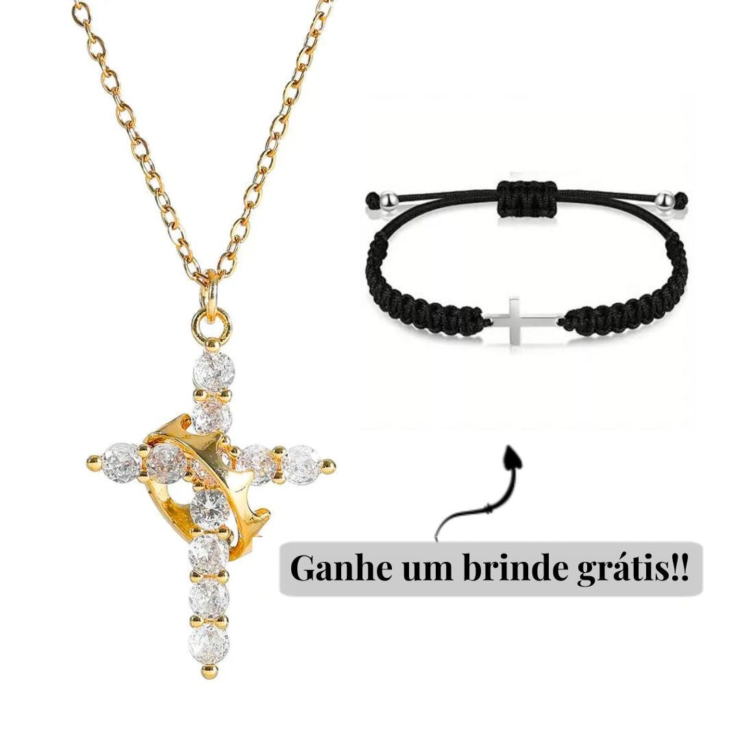 Colar Cruz & Coroa - Banhado a Ouro 18K