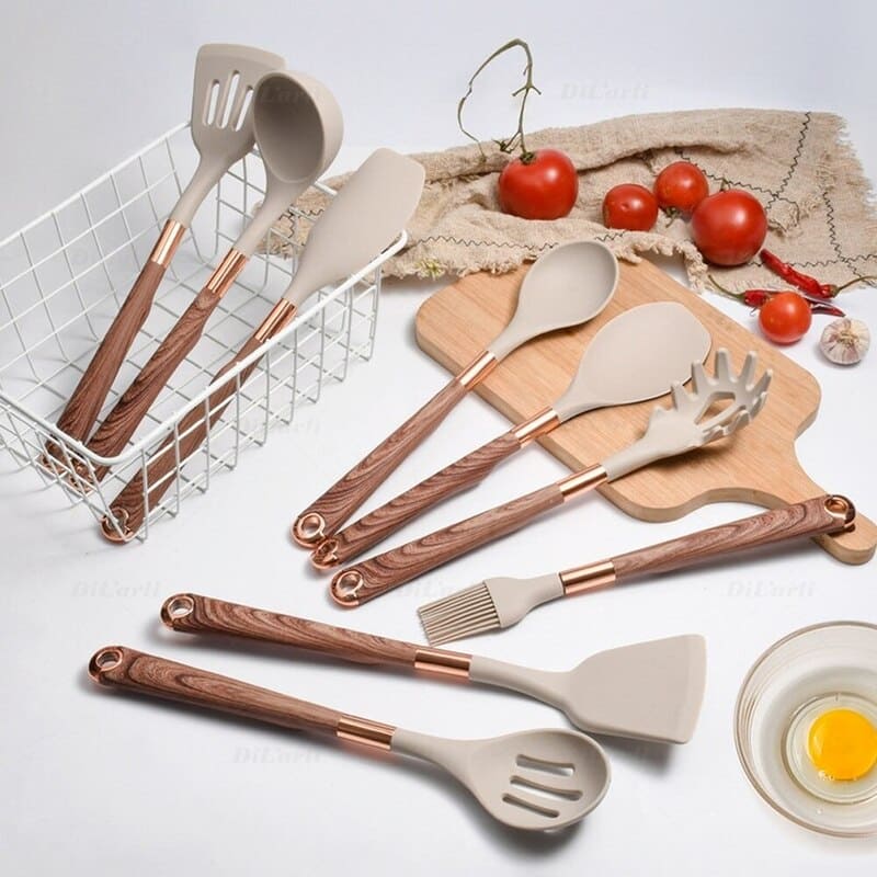 Kit Utensílios de Cozinha Silicone 10 Peças Com Organizador Rosé Elegance Home