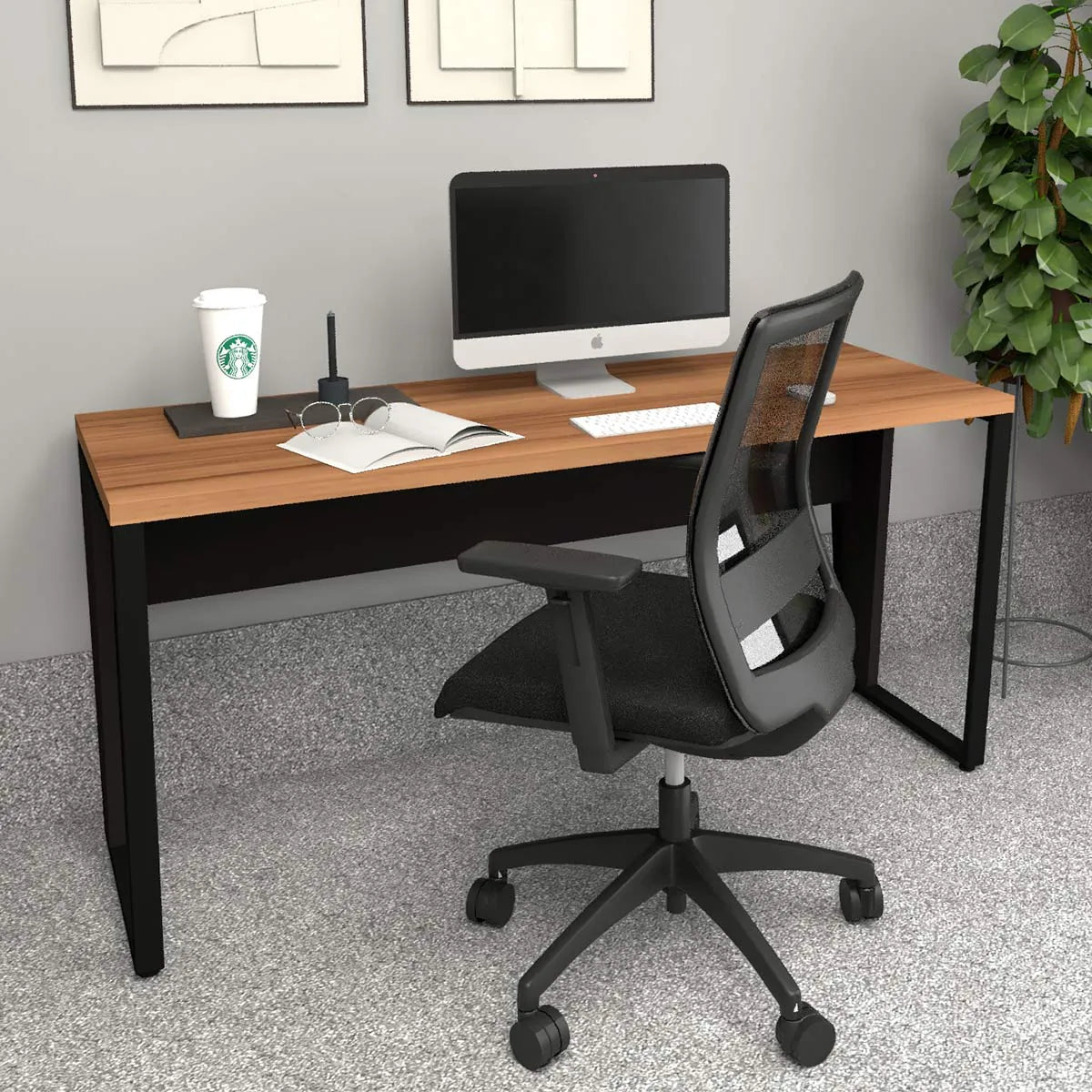 Mesa Escrivaninha Industrial 1,50m Nogal com Preto Pés Metal