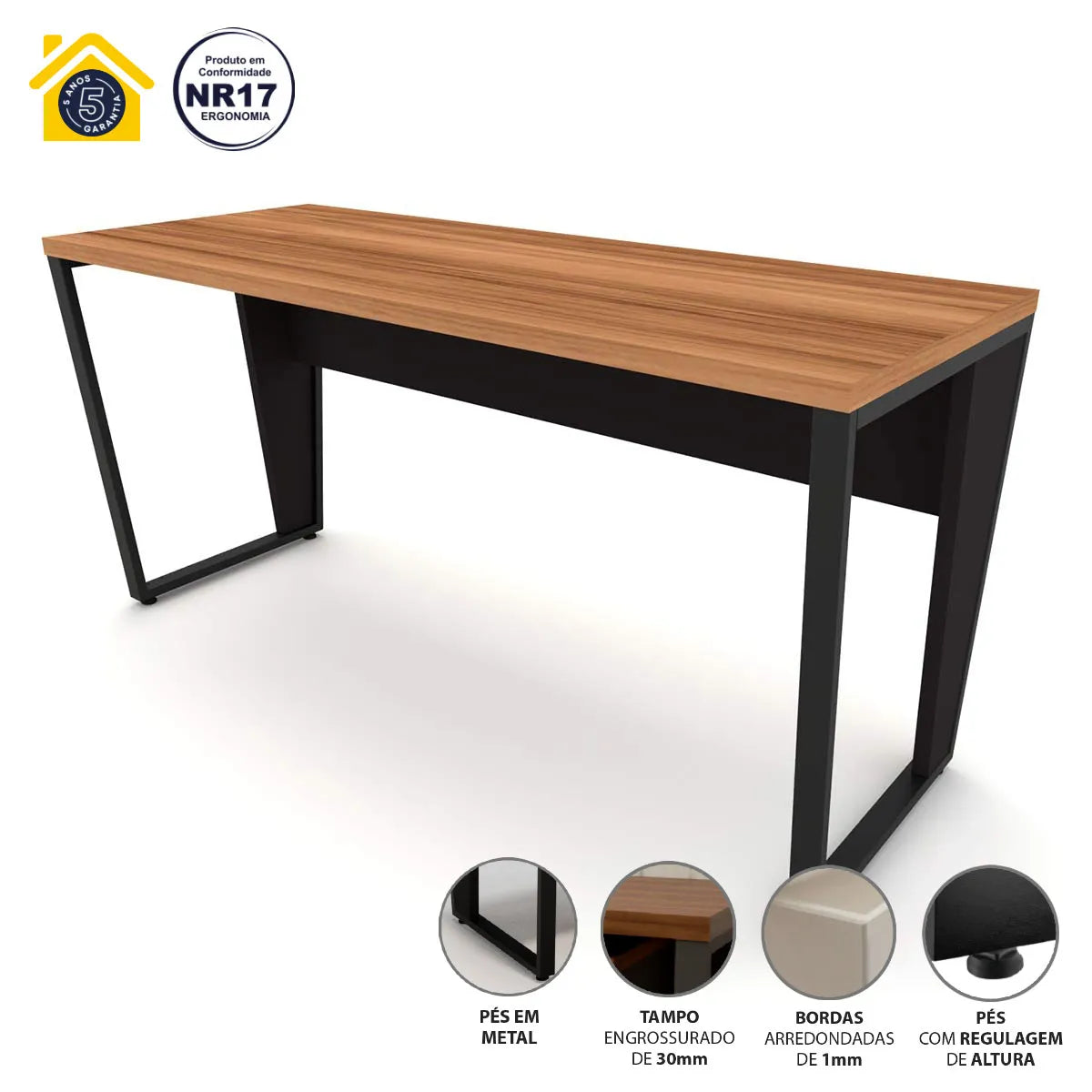 Mesa Escrivaninha Industrial 1,50m Nogal com Preto Pés Metal