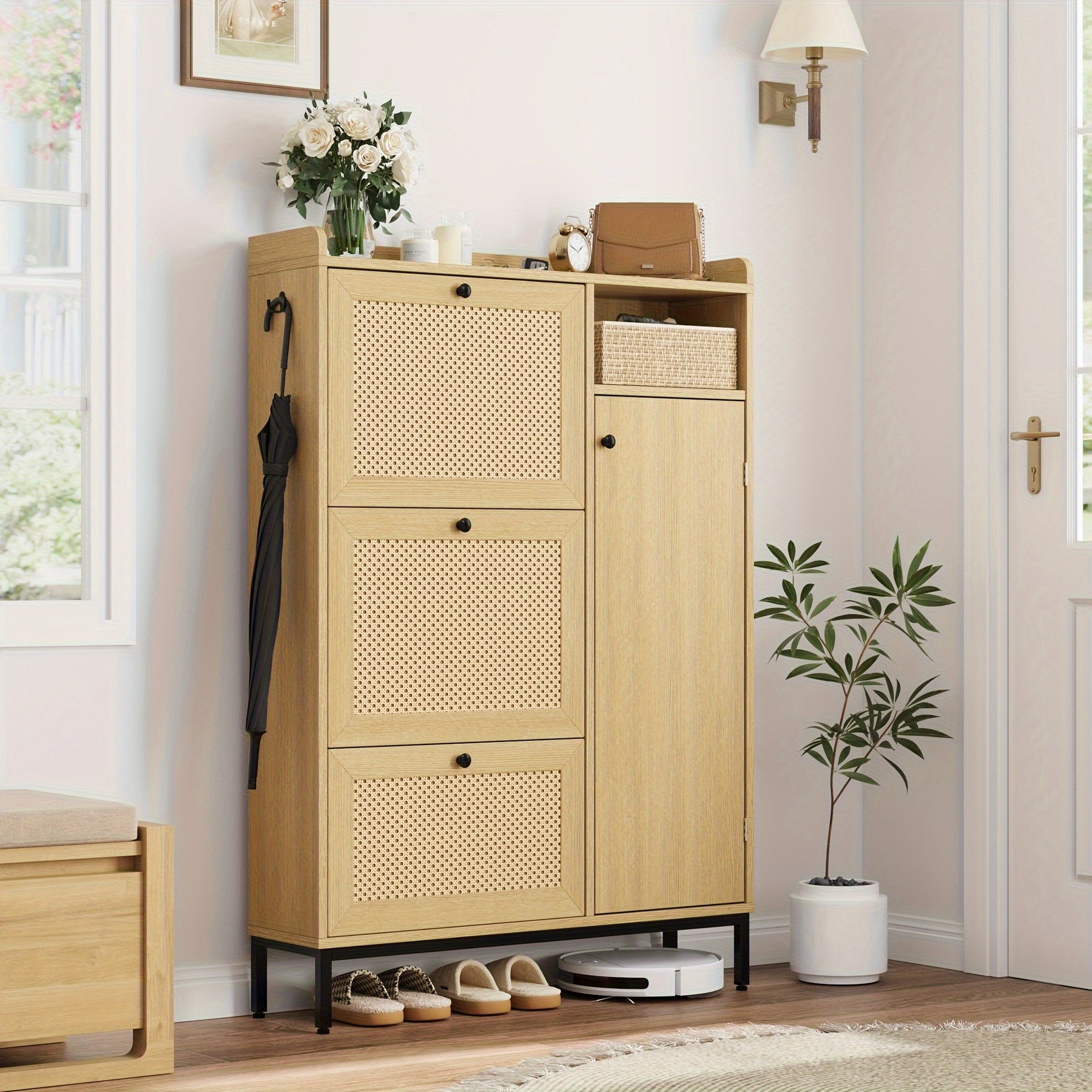 Armário de Armazenamento de Sapatos de Vime com 3 gavetas Basculantes