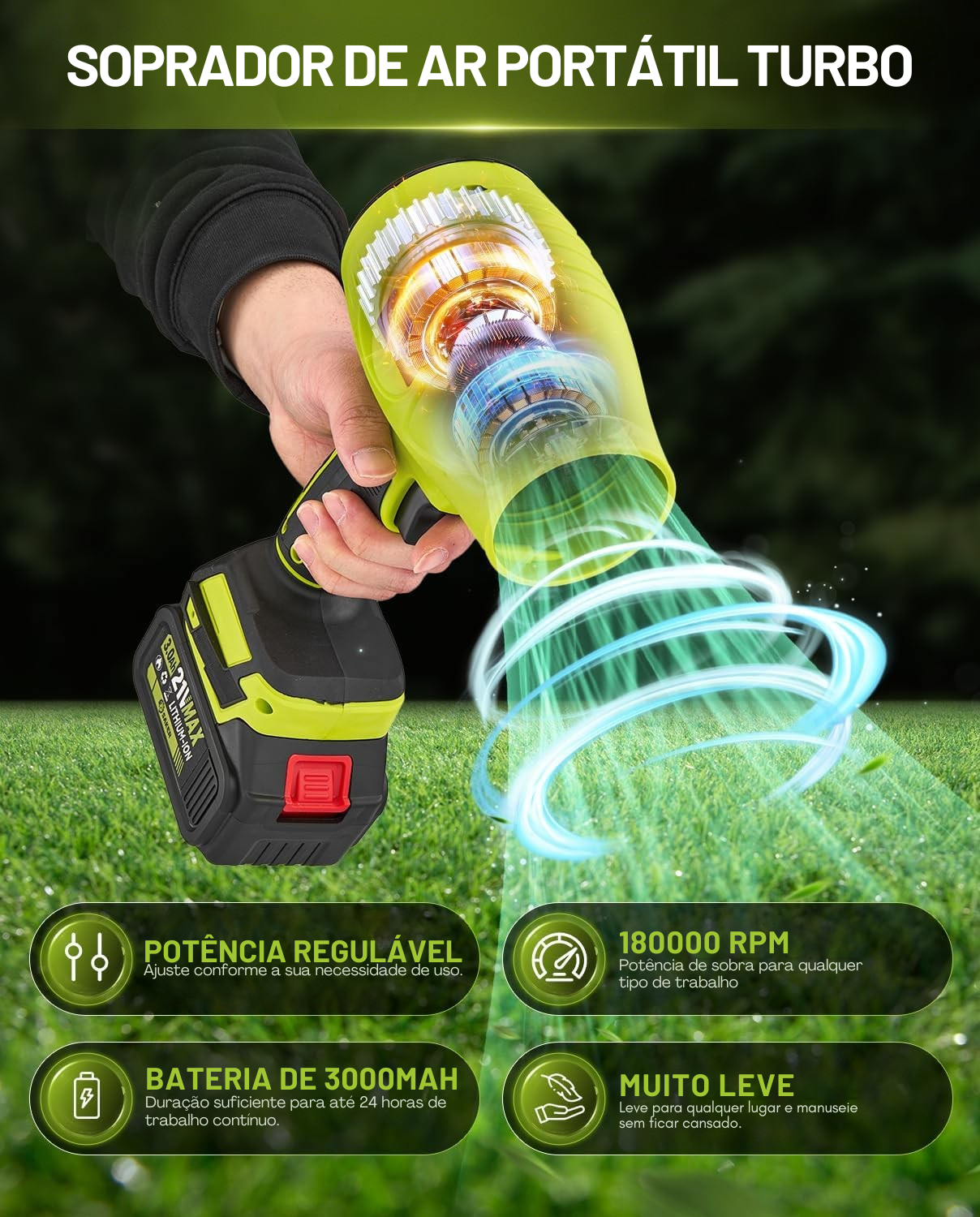 Soprador de Ar Portátil Sem Fio Saker – Turbo 180 000 RPM, 21 V, 2 Baterias, Velocidade Ajustável – Ideal para Limpeza, Secagem e Camping