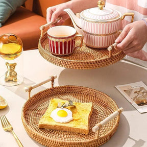 Bandeja Redonda de Vime em Rattan Feita à Mão para Mesa e Decoração Cozinha