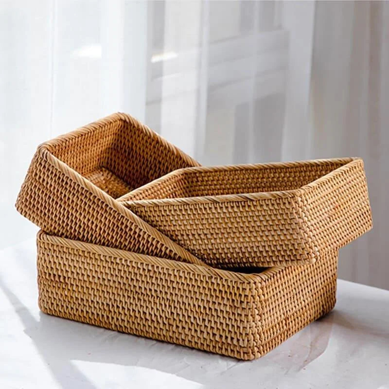 Cesto Organizador de Palha Rattan Feito à Mão para Decoração Natural