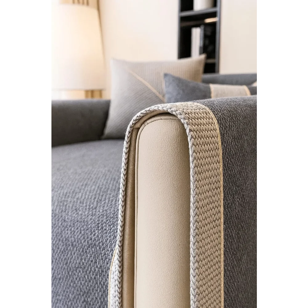 Capa de Sofá Antiderrapante em Algodão e Linho Cinza