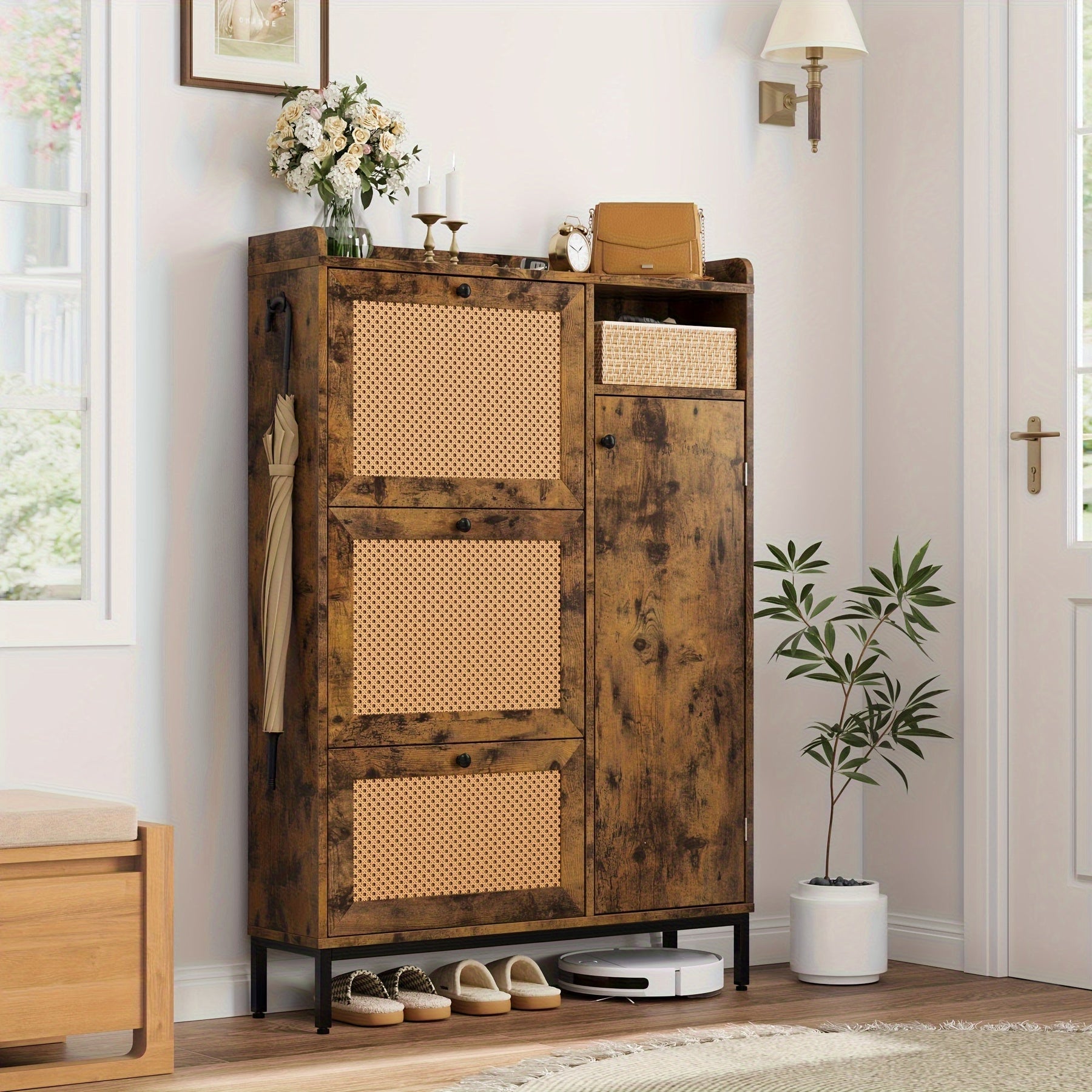 Armário de Armazenamento de Sapatos de Vime com 3 gavetas Basculantes