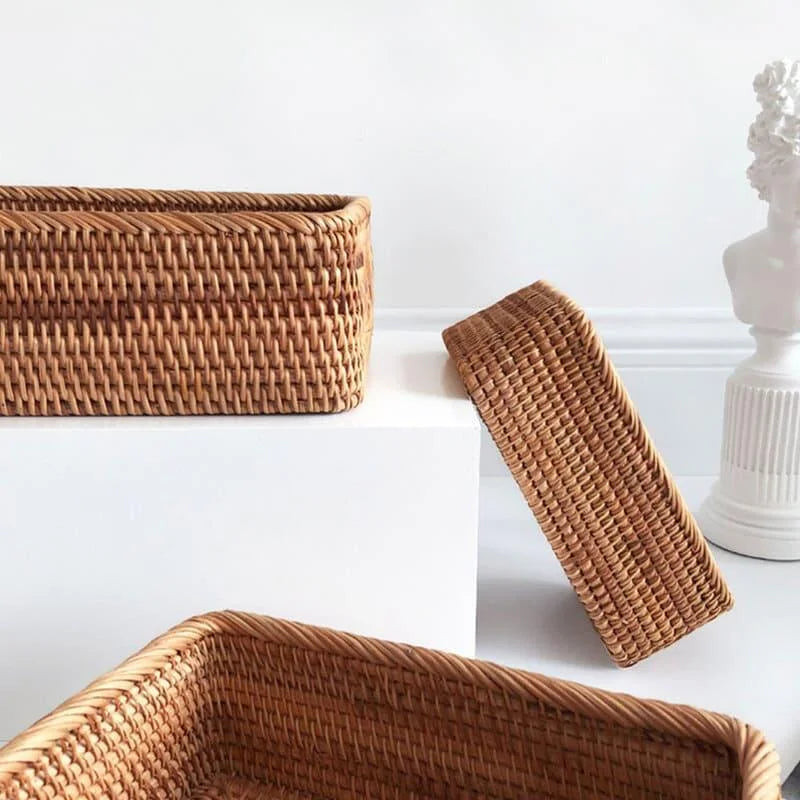 Cesto Organizador de Palha Rattan Feito à Mão para Decoração Natural