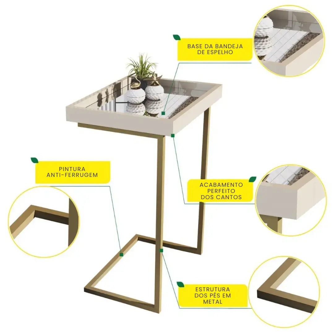 Mesa de Apoio Lateral Sofá Com Espelho