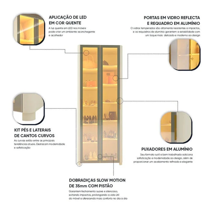 Sapateira 2 Portas Dellirium com Pés e Led 100% Mdf Off White