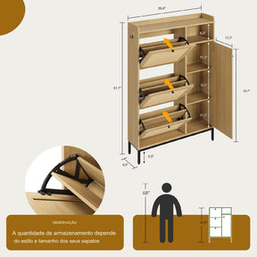 Armário de Armazenamento de Sapatos de Vime com 3 gavetas Basculantes