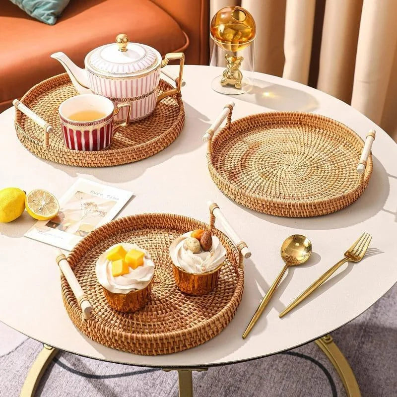 Bandeja Redonda de Vime em Rattan Feita à Mão para Mesa e Decoração Cozinha