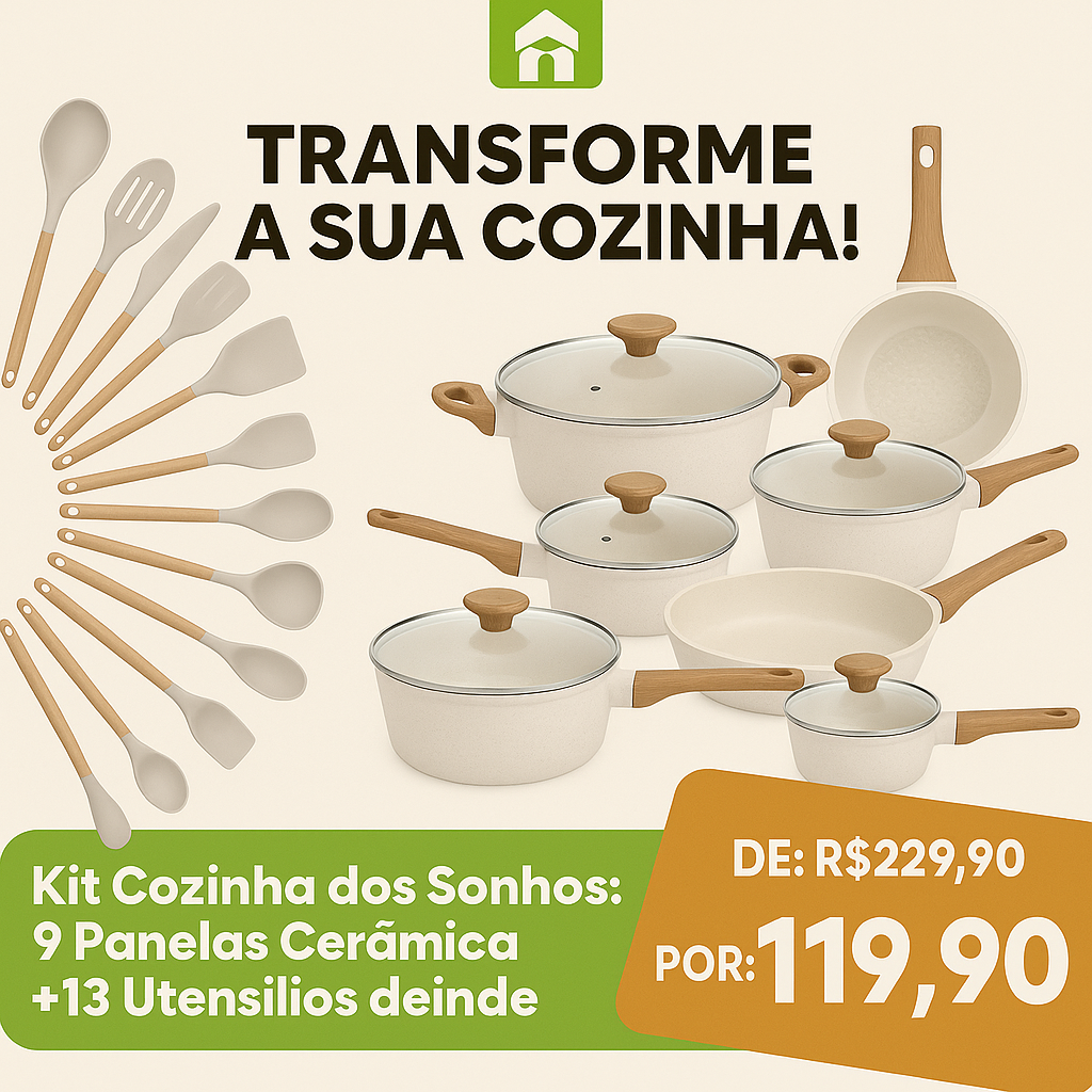Kit Cozinha dos Sonhos: 9 Panelas Ceramica + 13 Utensílios de Brinde