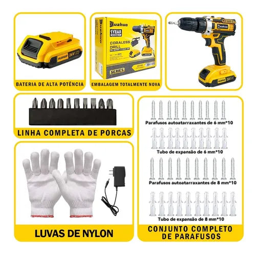 Parafusadeira e Furadeira Huahuo 26V - Bateria de Brinde