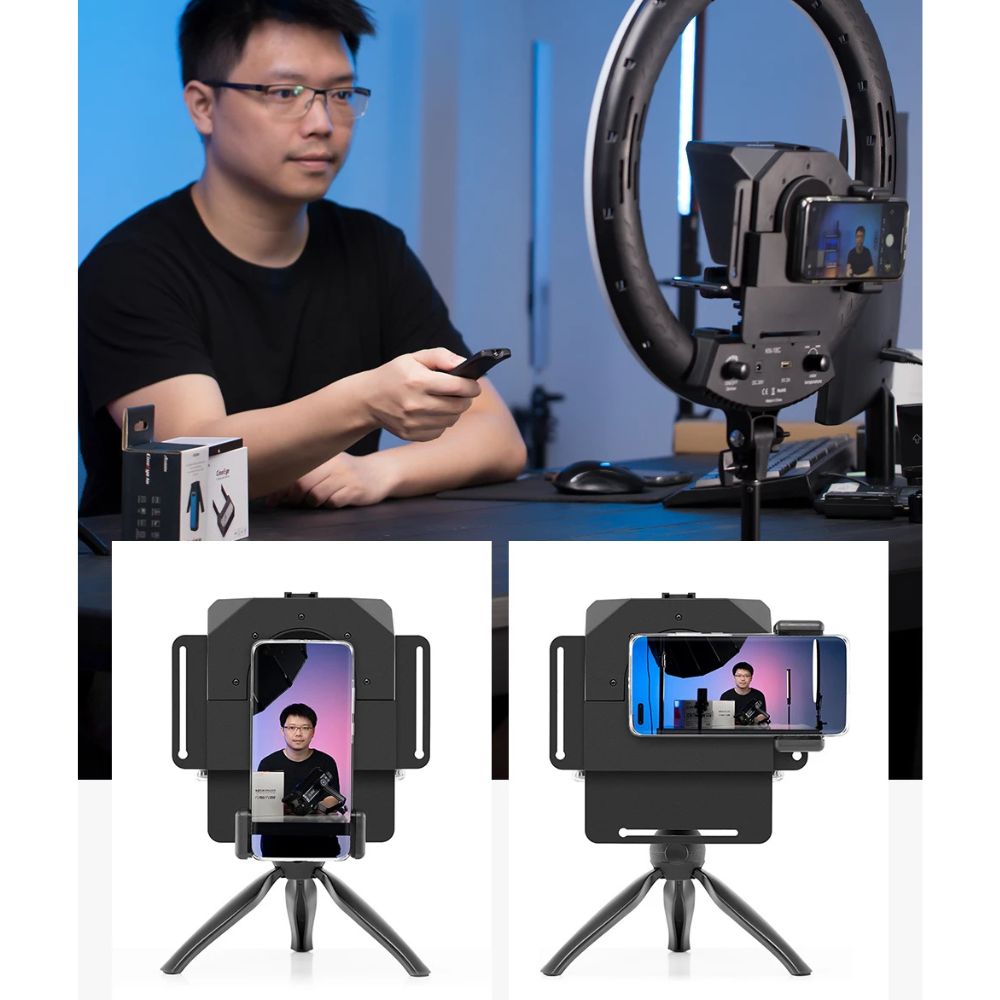 ProPrompt Mini - Teleprompter portátil para smartphones e DSLRs, inclui controle remoto Bluetooth e acessórios completos para uma gravação de vídeo profissional. Disponível na Gangahub.