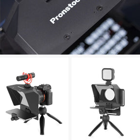 ProPrompt Mini - Teleprompter portátil para smartphones e DSLRs, inclui controle remoto Bluetooth e acessórios completos para uma gravação de vídeo profissional. Disponível na Gangahub.