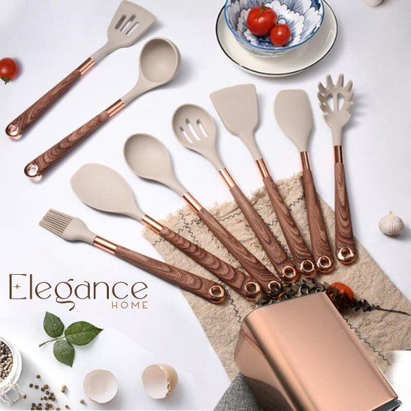 Kit Utensílios de Cozinha Silicone 10 Peças Com Organizador Rosé Elegance Home