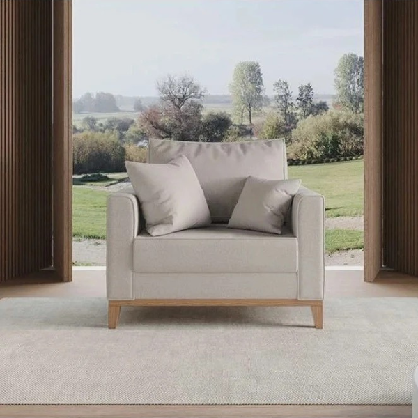 Poltrona Estofada 1 Lugar – Madeira e Tecido Branco