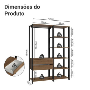 Guarda-roupa Closet Modulado Valencia 2 Gavetas 129cm Rustic