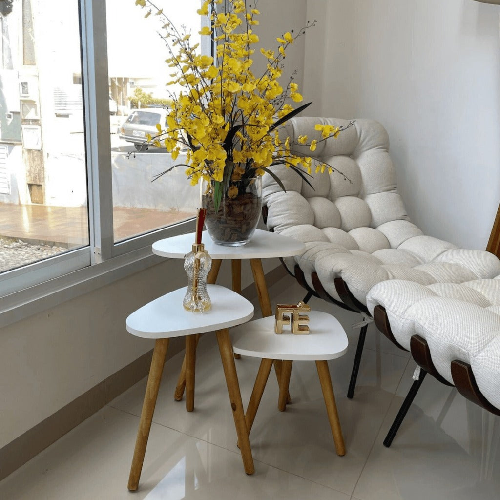 Kit Trio Jogo de Mesinhas Lateral Sala Pé Palito Retro Tampo Orgânico