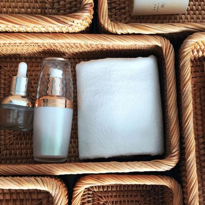 Cesto Organizador de Palha Rattan Feito à Mão para Decoração Natural