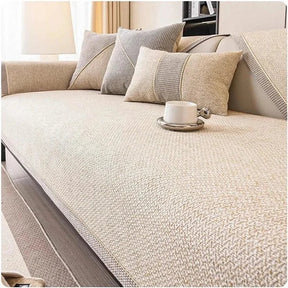 Capa de Sofá Beje Claro em Algodão e Linho – Antiderrapante com Design Sofisticado