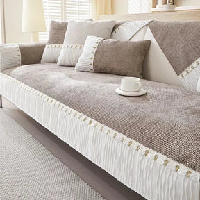 Capa para Sofá Chenille Antiderrapante com Bordado Floral Marrom Escuro