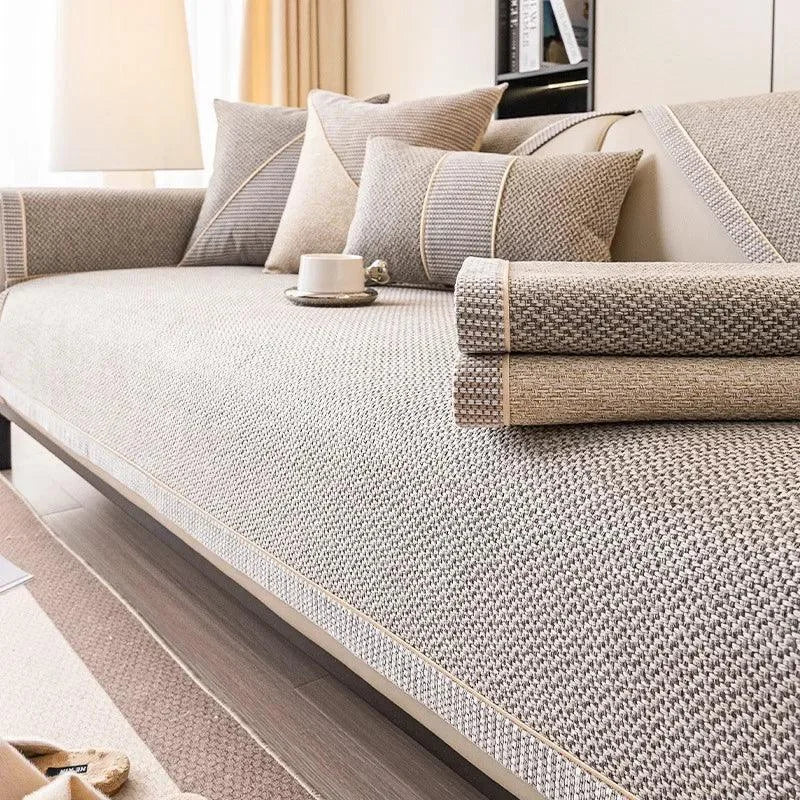 Capa para Sofá em Linho Antiderrapante Bege Acinzentado