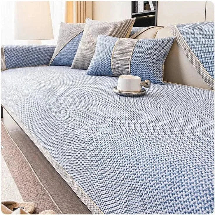 Capa de Sofá Azul Claro Algodão e Linho – Antiderrapante com Design Sofisticado