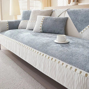 Capa para Sofá Chenille Antiderrapante com Bordado Floral Azul