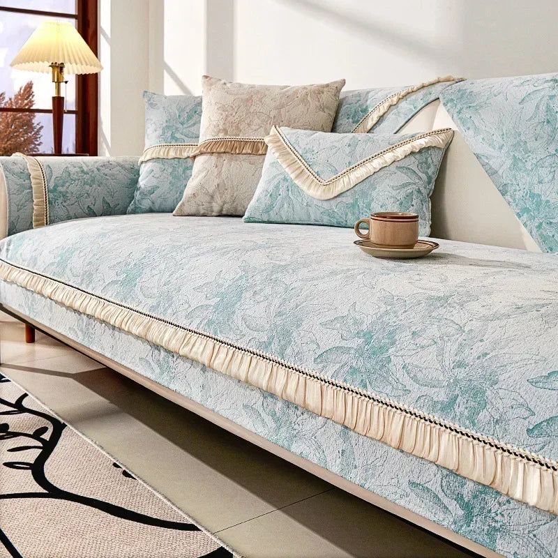 Capa para Sofá Estilo Nórdico em Chenille Antiderrapante Azul Claro