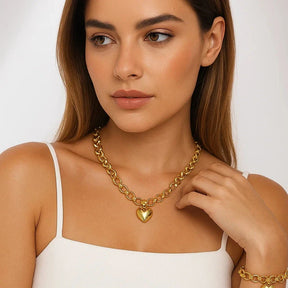 Conjunto Colar e Pulseira Elo Português e Brincos de Coração